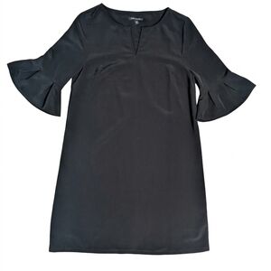 Paris Sunday Black Bell Sleeve Shift Dress XS Mini Pleated Flared Cuff V-Neck